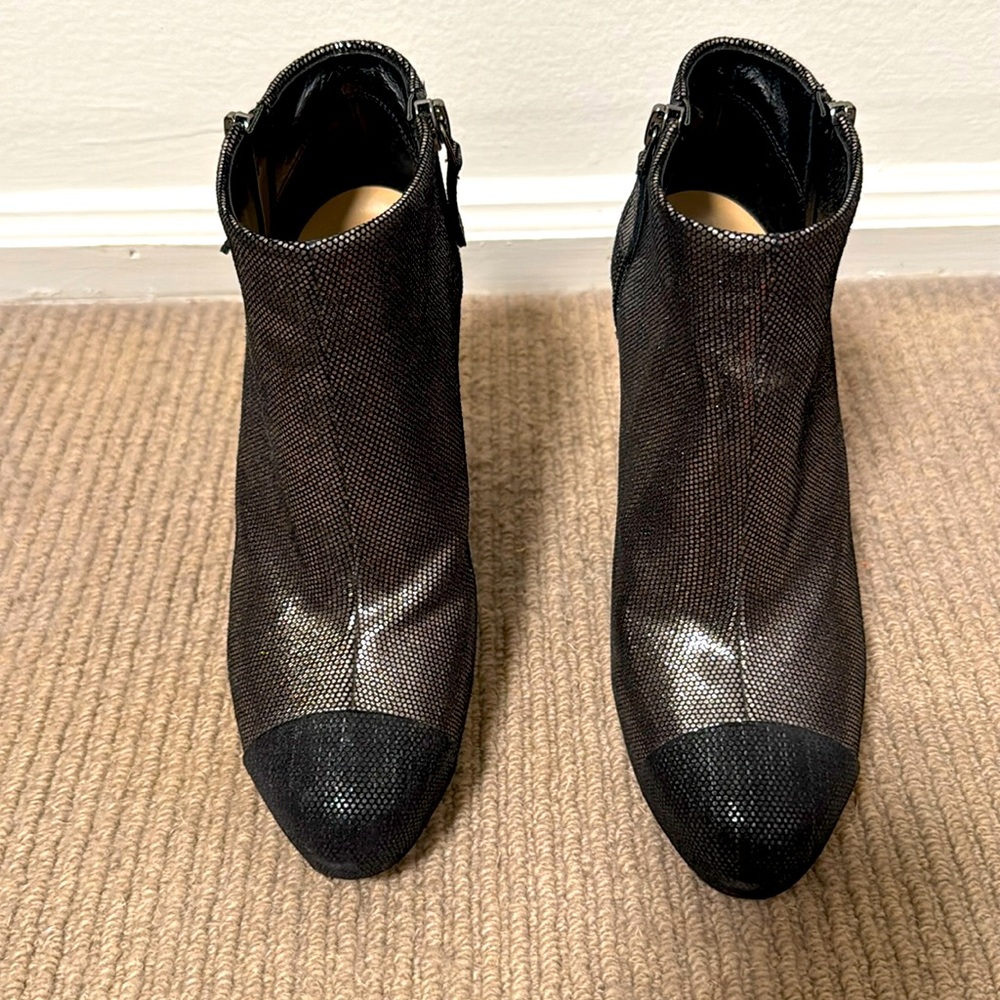 Chanel high heeled bootie, silver shimmer with black cap toe